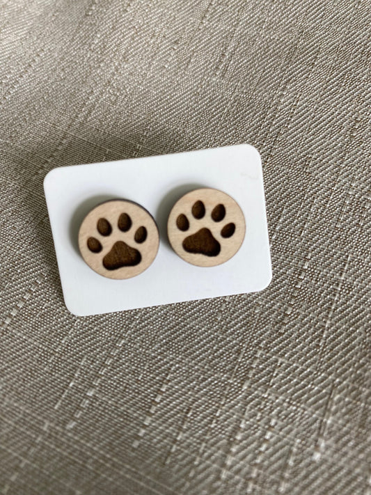 Engraved Wooden Paw Print Stud Earrings