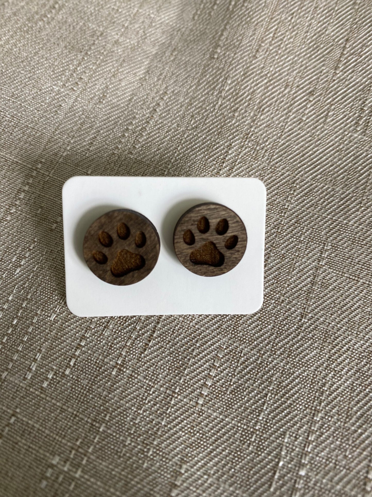 Engraved Wooden Paw Print Stud Earrings